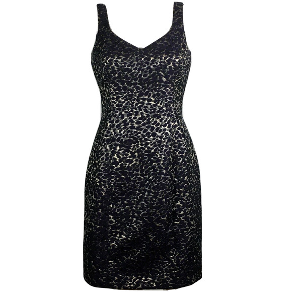 Rickie Freeman Teri Jon Dress‎ Womens Sz 8 Navy Blue Silver Leopard Silk Sheath - Picture 1 of 9